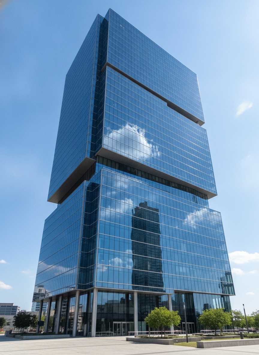 Modern glass skyscraper representing the property market A New Day Real Estate serves