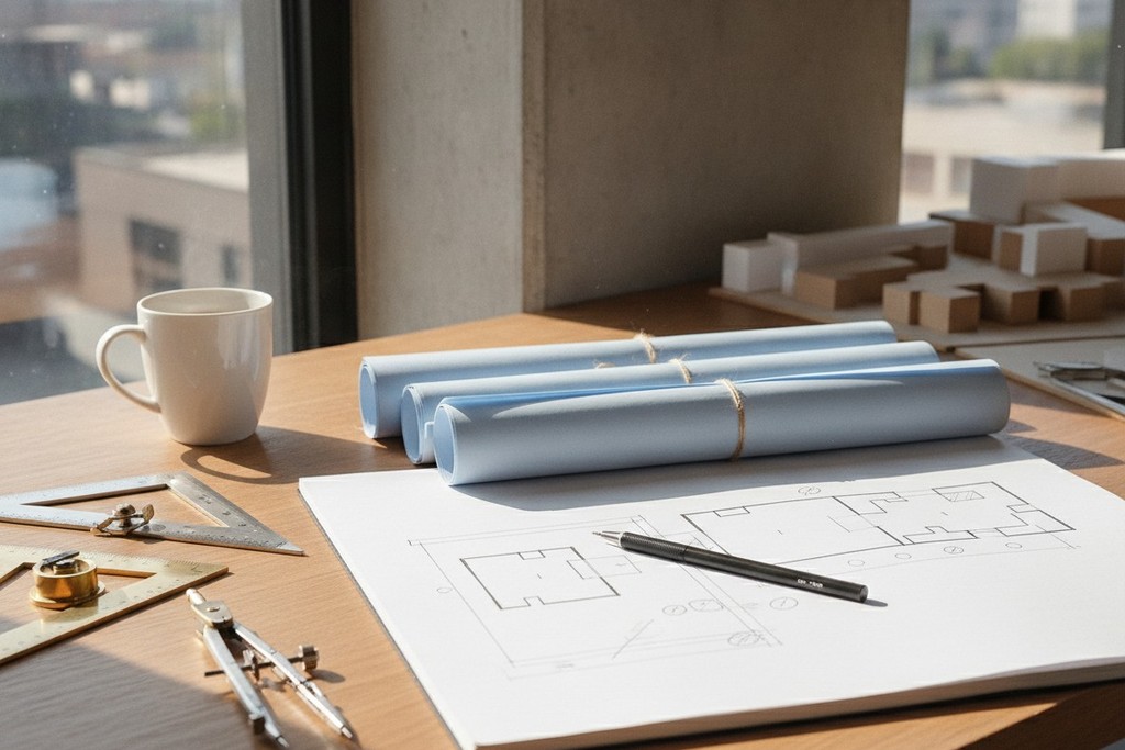 A busy architectural workspace featuring blueprints, sketches, and drafting tools.