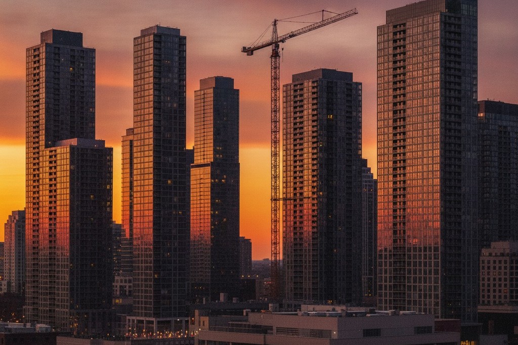 View of contemporary skyscrapers and cranes in London at sunset, featuring the iconic Gherkin building.