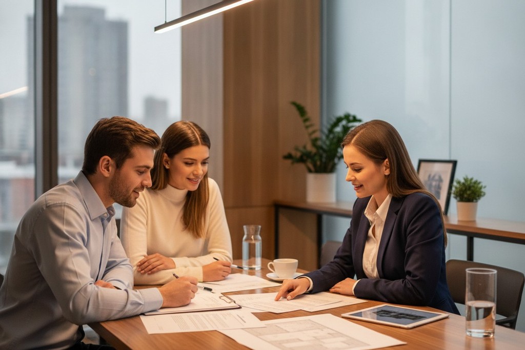 A couple reviewing documents with a professional in an office setting, focusing on financial planning.
