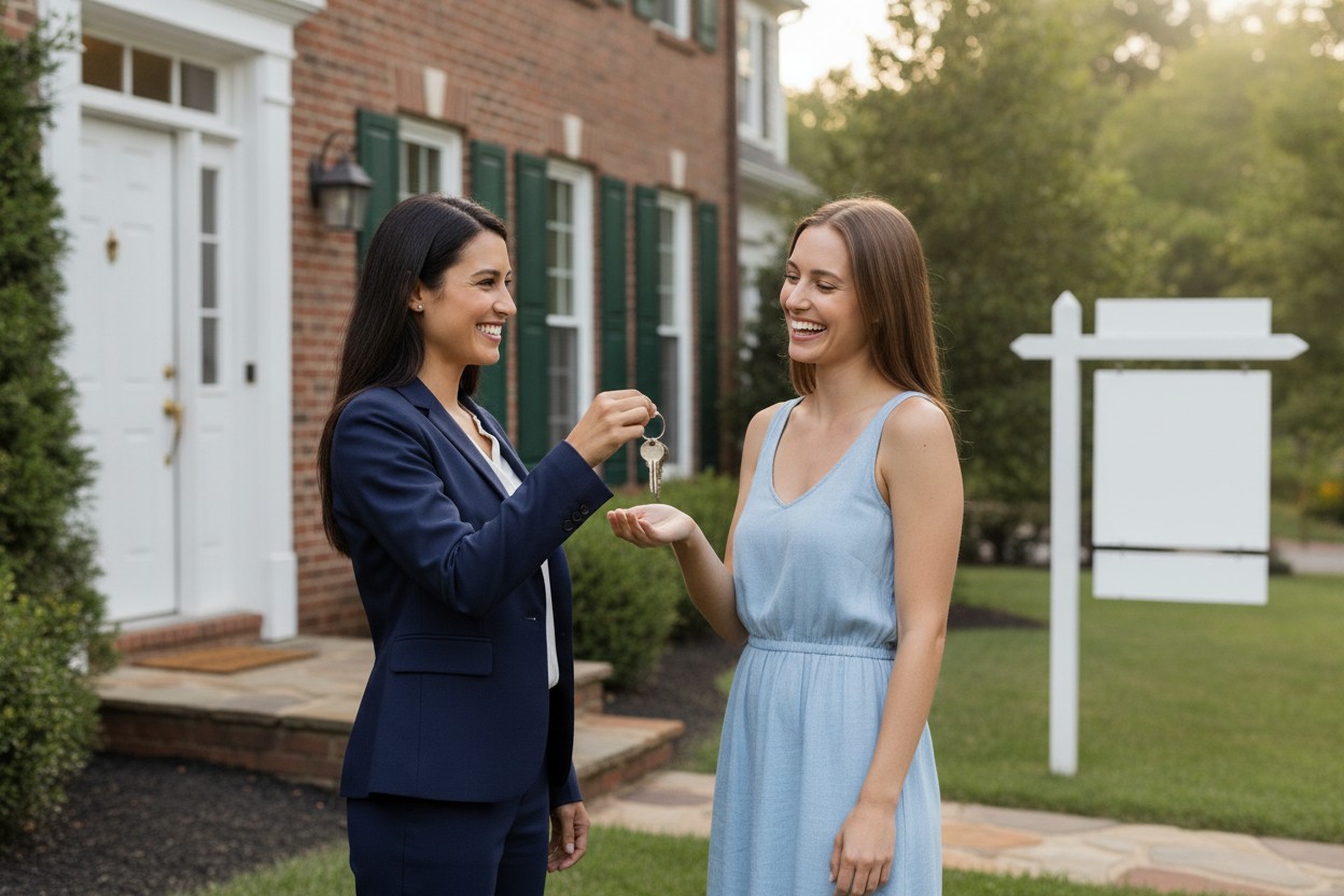 man and woman stand in front of a house displaying a for sale sign, smiling and looking at the camera
