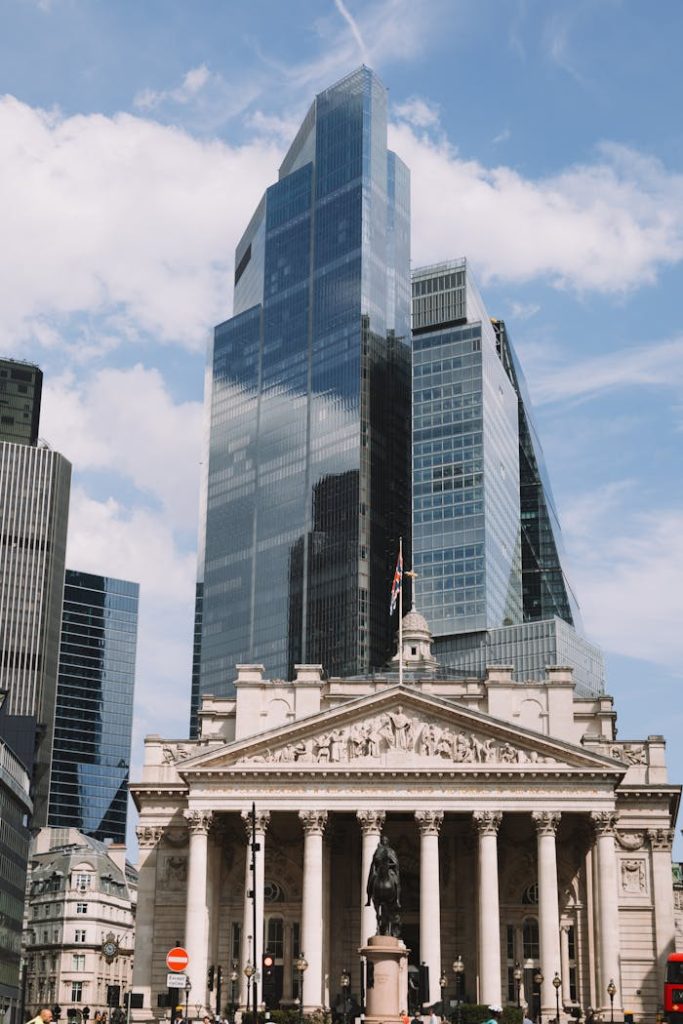 View of The Royal Exchange and modern skyscrapers in Londons skyline.