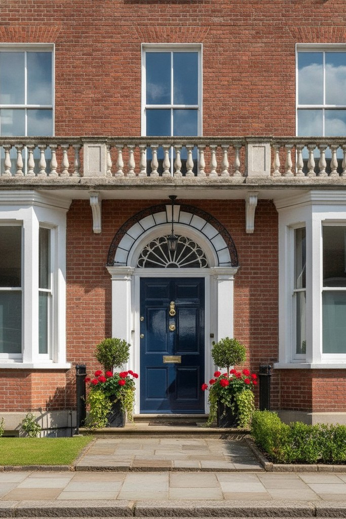 Elegant blue door with urban townhouse facade, showcasing traditional London charm.