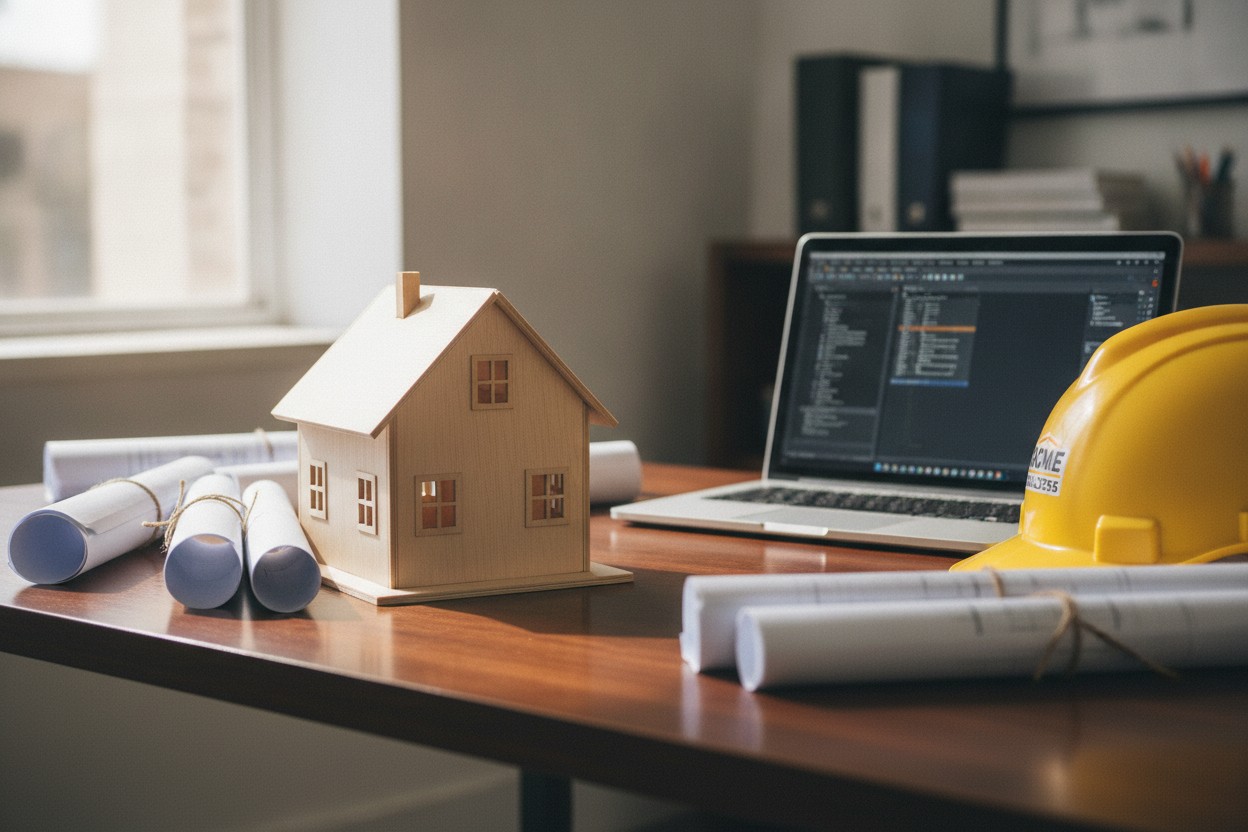 A laptop computer next to a small house model on a desk, illustrating a workspace setup for design or planning