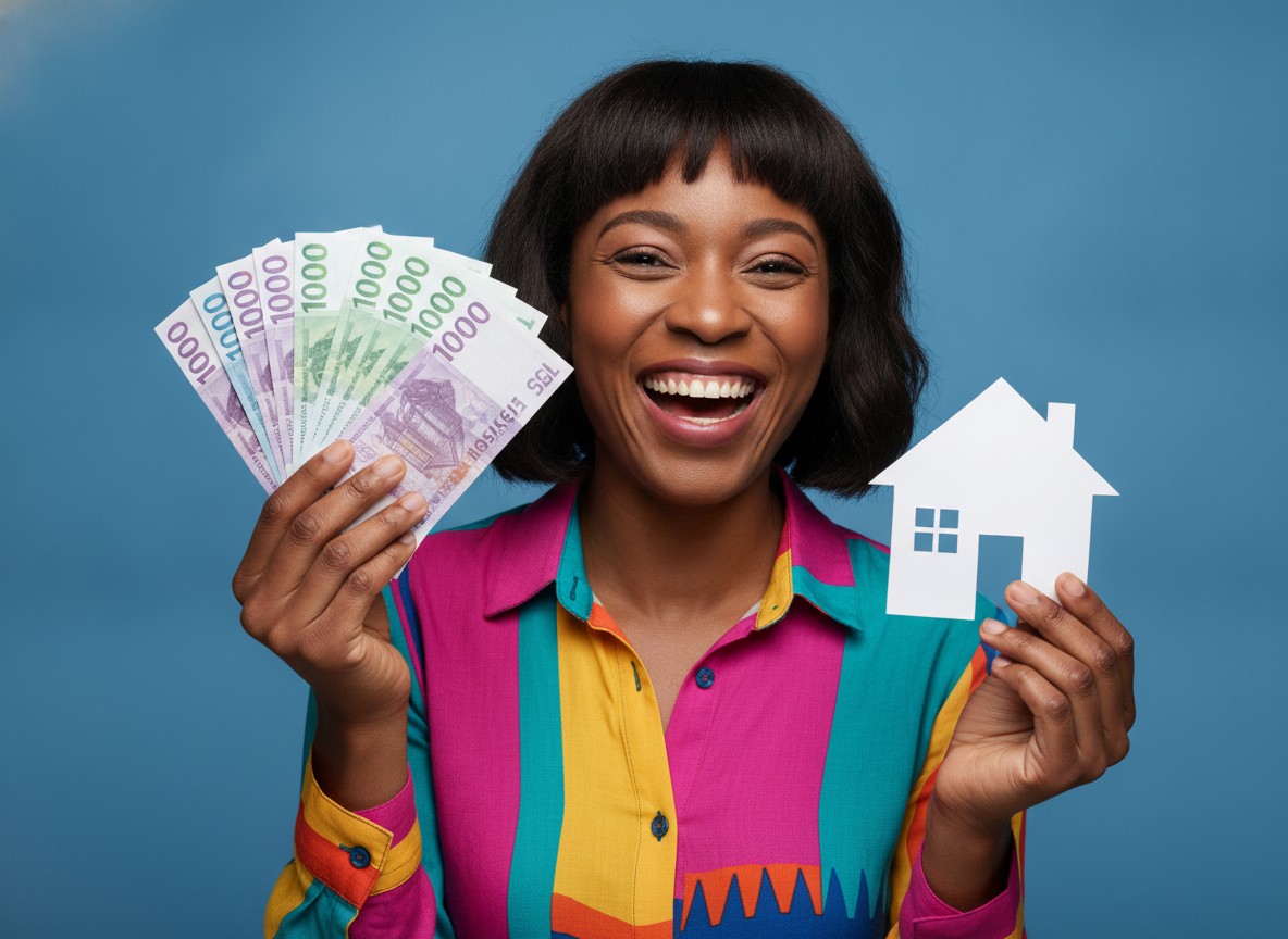 A man displays a paper house and money on a blue background, representing the concept of real estate and financial planning