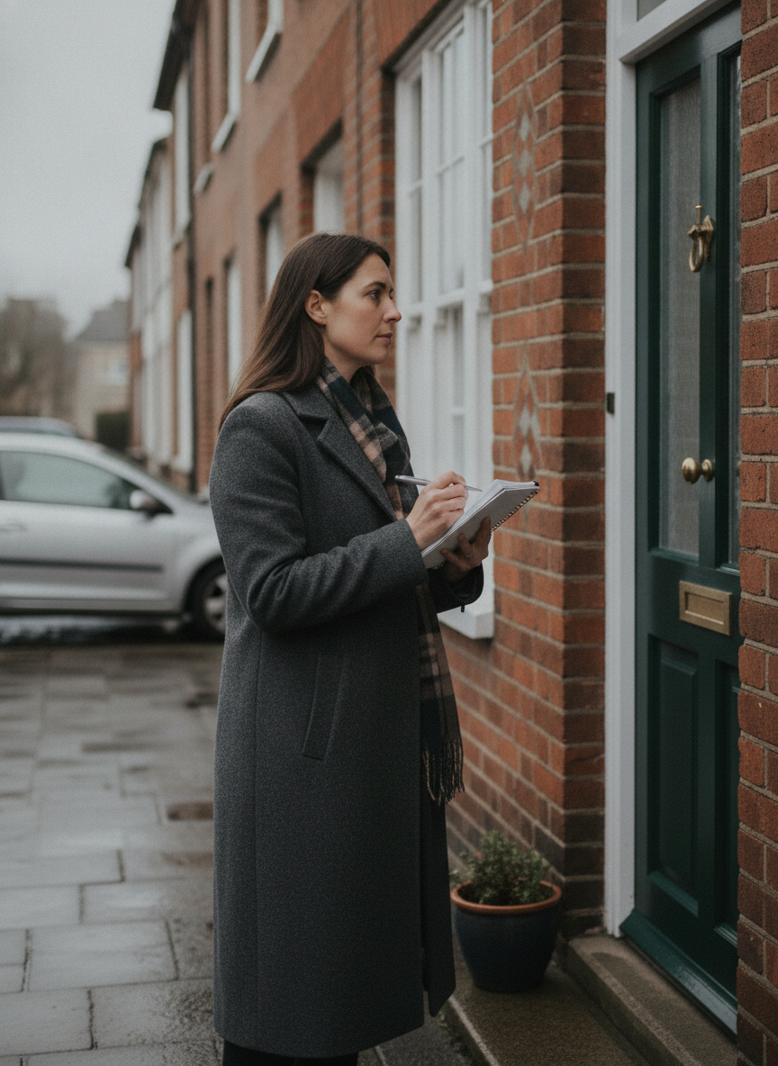 Person inspecting red brick houses on a residential street, overcast weather, holding a notebook and smartphone