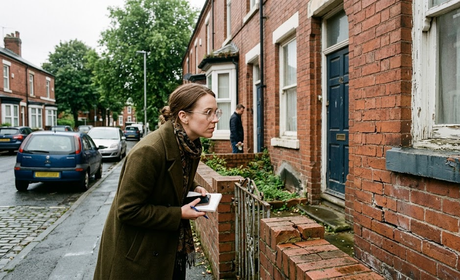 Person inspecting red brick houses on a residential street, overcast weather, holding a notebook and smartphone