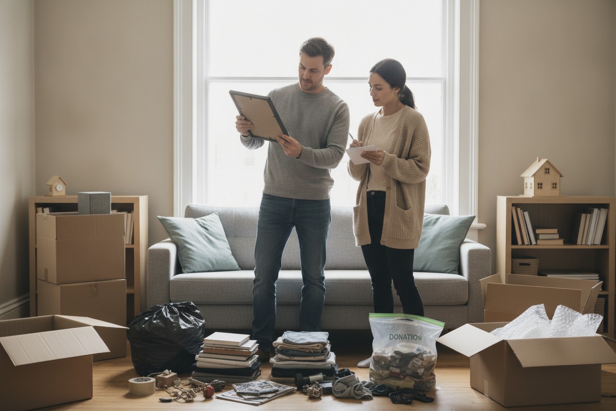 Couple organising home items for decluttering, with boxes and donation bag in living room setting