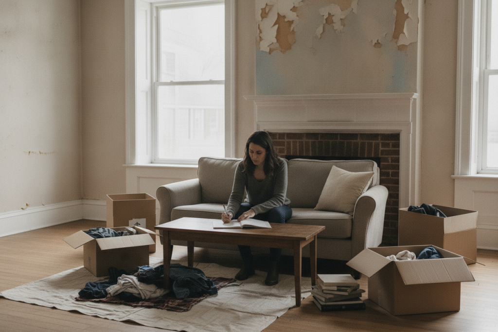 Woman writing in notebook amidst unpacked boxes