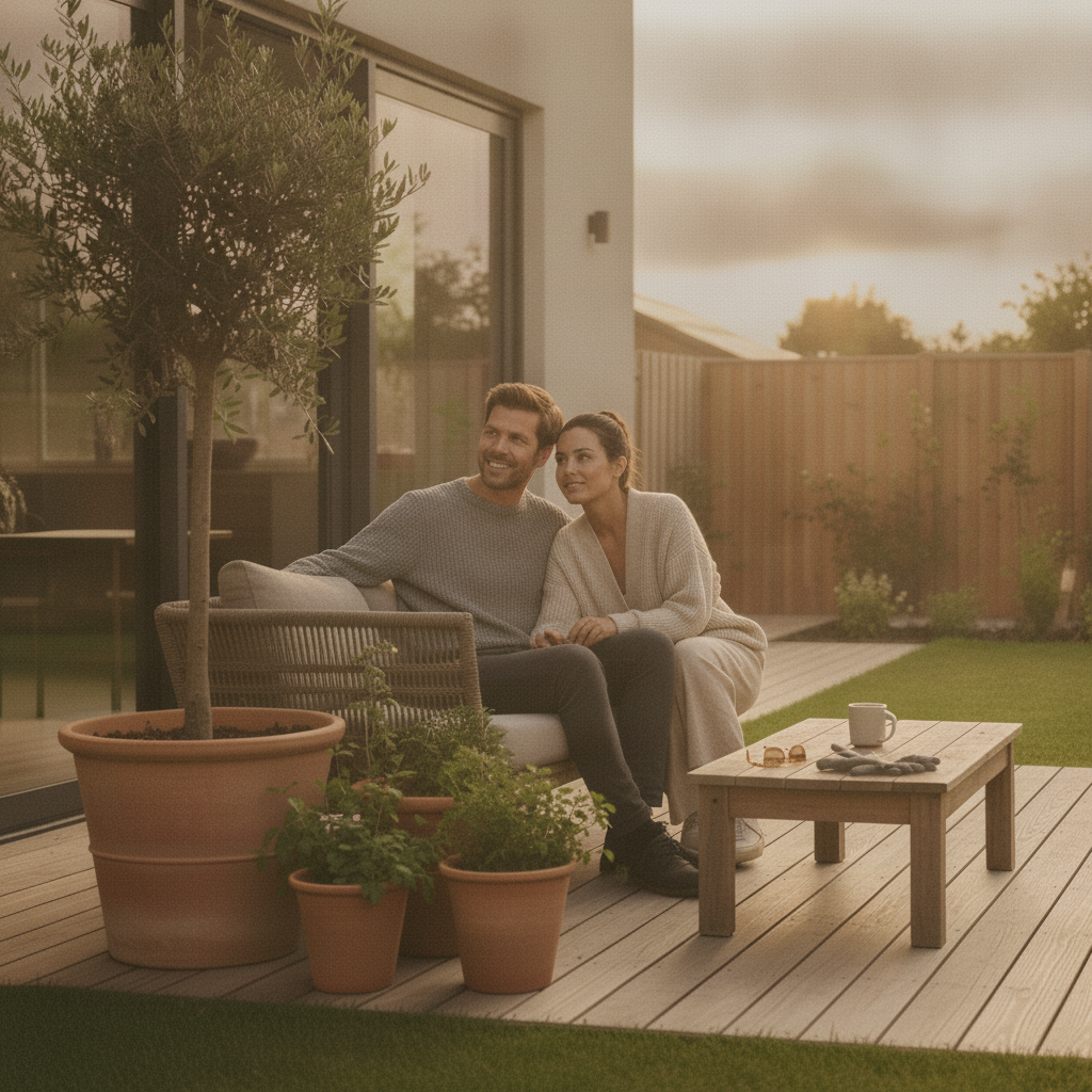 Couple enjoying a serene garden patio, seated on a wicker sofa with potted plants, wooden coffee table, and morning sun